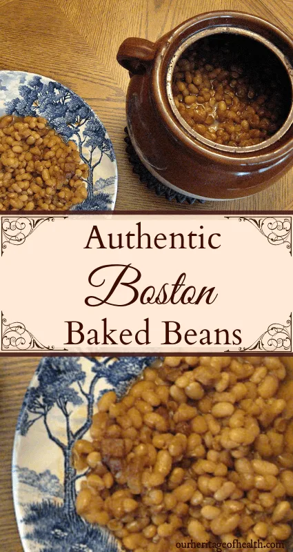 Boston baked beans in bean pot with blue plate with beans on the side.