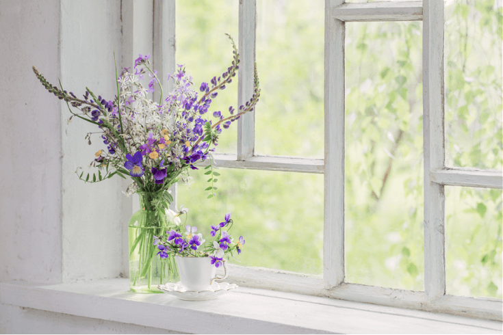 Purple flowers in vase on windowsill.