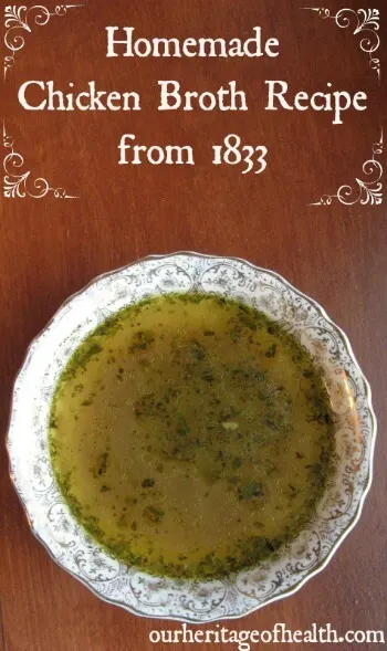 Bowl full of homemade chicken broth.
