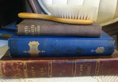 Stack of antique books with a hair brush on top.