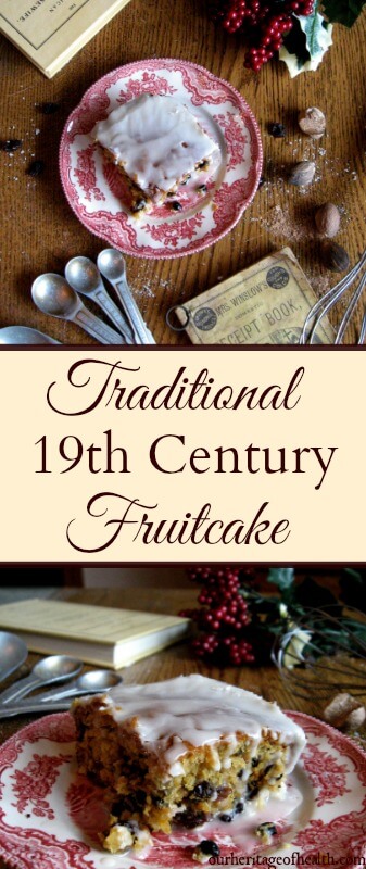 Two different angles for a overhead view and a side view of a slice of fruitcake with icing drizzled over it on a red china plate with red berries beside it and measuring spoons and a whisk and whole nutmegs and cookbooks in the background.