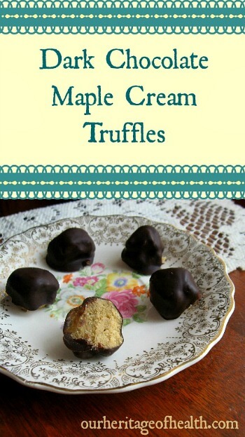 Dark chocolate maple cream truffles on a china plate.