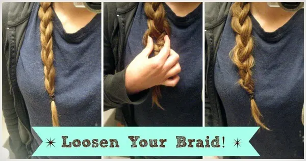 Photo on the left of a tight braid, photo in the middle of fingers pulling the braid to make it looser, and photo of a loosened braid on the right. 