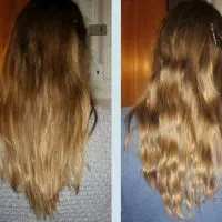 Picture on the left of straight hair as viewed from the back and picture on the right of wavy hair as viewed from the back.