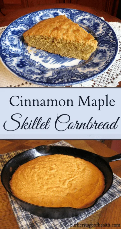 Triangular slice of skillet cornbread on a blue china plate and cast iron skillet with cornbread inside it on a blue and white checked cloth.