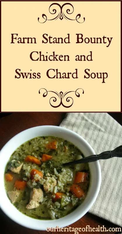 Bowl of soup in a white bowl with a spoon on a table with a tan and pale green striped cloth.