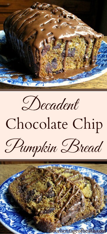 Loaf of chocolate chip pumpkin bread on a blue plate with chocolate icing drizzled over it and slices of pumpkin bread on another blue plate.