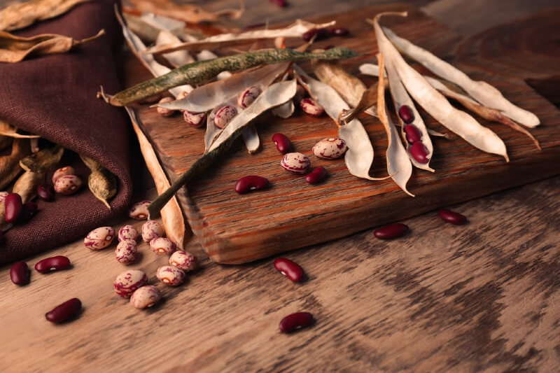 Dried bean pods and crimson bean seeds scattered on a board.