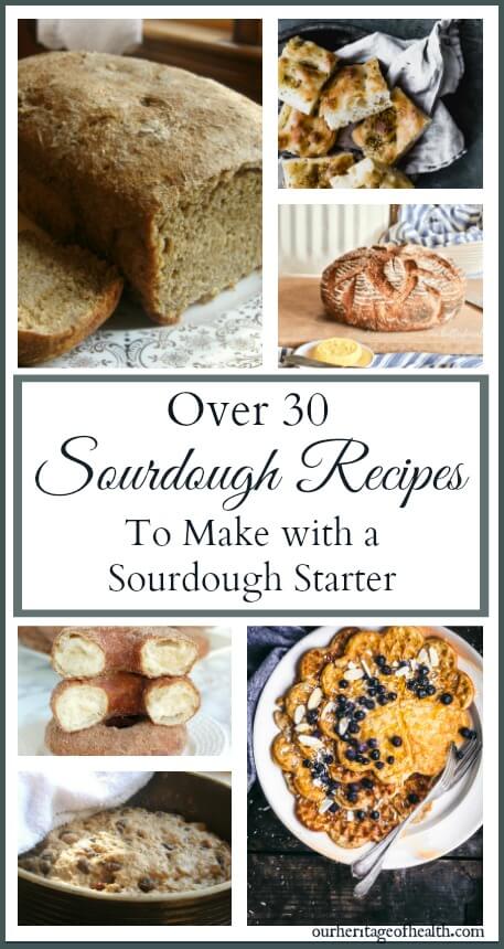 Collage of recipes made with a sourdough starter including breads, donuts, and waffles.