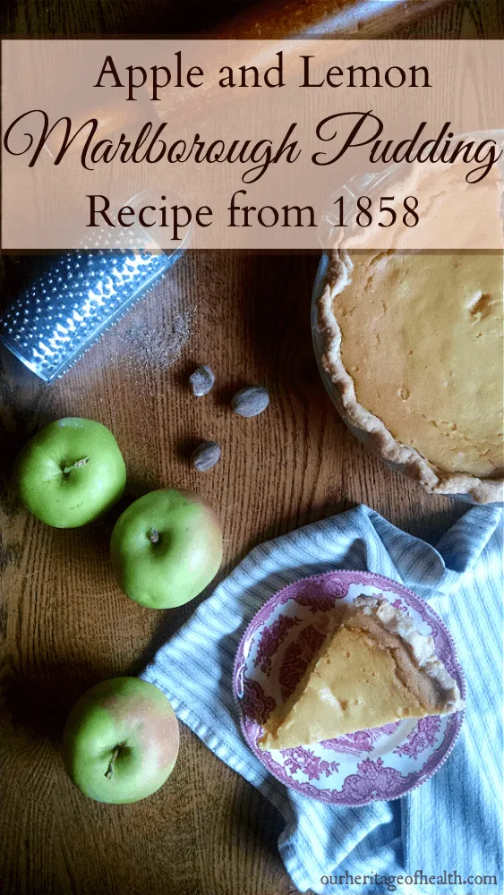 Slice of marlborough pudding on a red decorative plate with apples and the rest of the pie on a table with nutmegs and a spice grater.