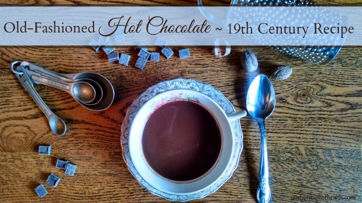 Cup of hot chocolate on a saucer with a spoon, chocolate pieces, nutmegs, a spice grater and measuring spoons on a table. 