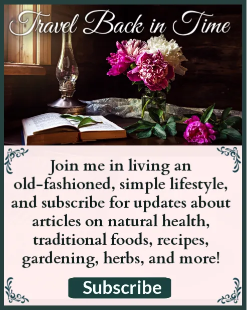 Peony flowers in a vase by a window with an oil lamp and a book open on the table with text that says "Travel back in time: Join me in living an old-fashioned simple lifestyle, and subscribe for updates about articles on natural health, traditional foods, recipes, gardening, herbs, and more!"
