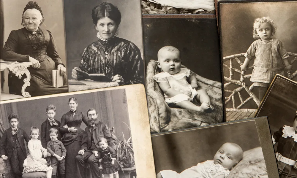 Collage of black and white antique photos of different people dressed in old-fashioned clothing.