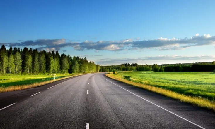 Highway road in the country with a field on one side of the road and trees on the other side.