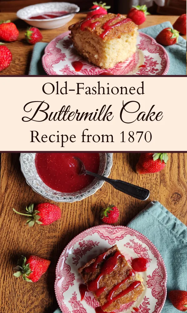 Two different angles of a slice of buttermilk cake with strawberry sauce on a red china plate on top of a green cloth and strawberries scattered on the table and a bowl of strawberry sauce in the background.