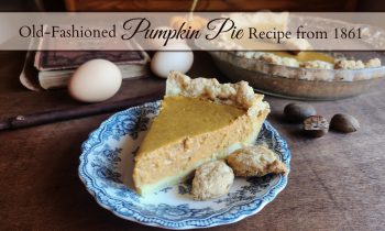 Slice of pumpkin pie on a blue china plate with more of the pie in a baking dish behind it and an antique cookbook, a small gourd, eggs, a spoon, and nutmegs on the table and a text overlay that says "Old-Fashioned Pumpkin Pie Recipe from 1861."