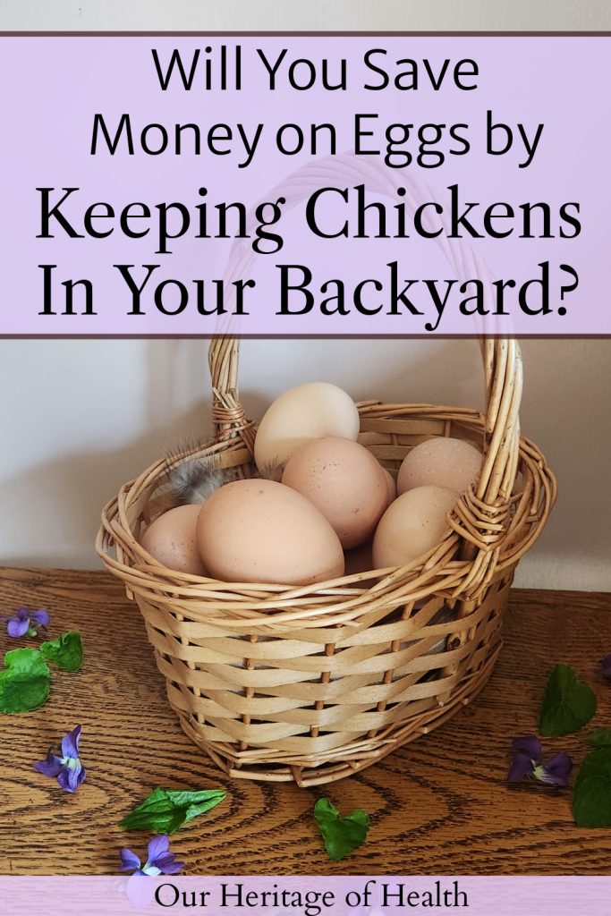 Basket full of eggs on a table with violet flowers and leaves around it and a purple text overlay that says "Will You Save Money on Eggs by Keeping Chickens in Your Backyard?"
