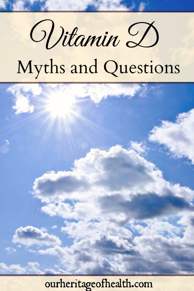 Sun shining through the clouds in a bright, blue sky with a text overlay that says "Vitamin D Myths and Questions."