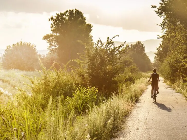 Woman riding on a bicycle through a nature path in the glow of the sunlight.