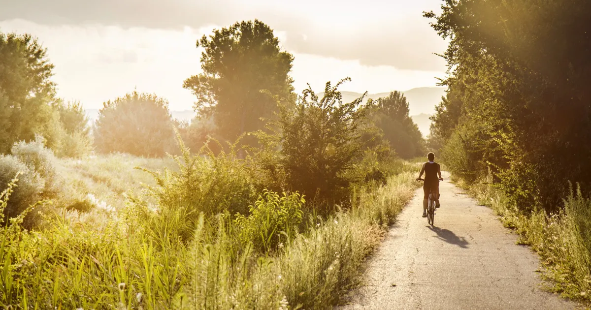 Woman riding on a bicycle through a nature path in the glow of the sunlight.