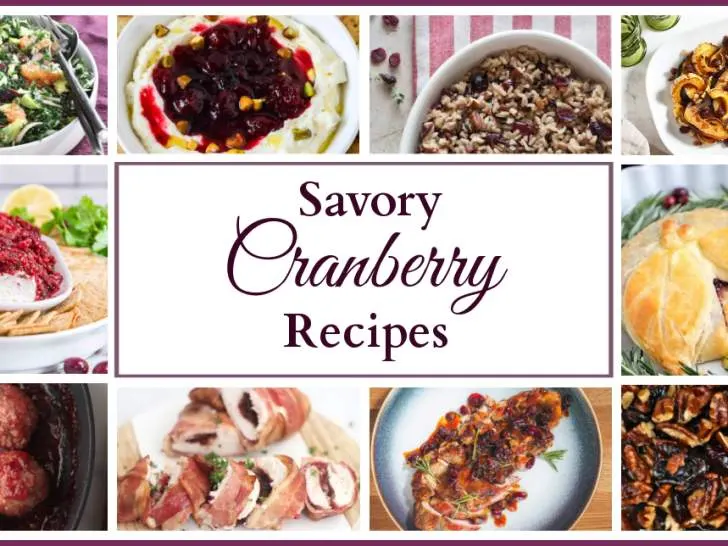 A collage of 10 different recipes featuring cranberries with text that says "Savory Cranberry Recipes."