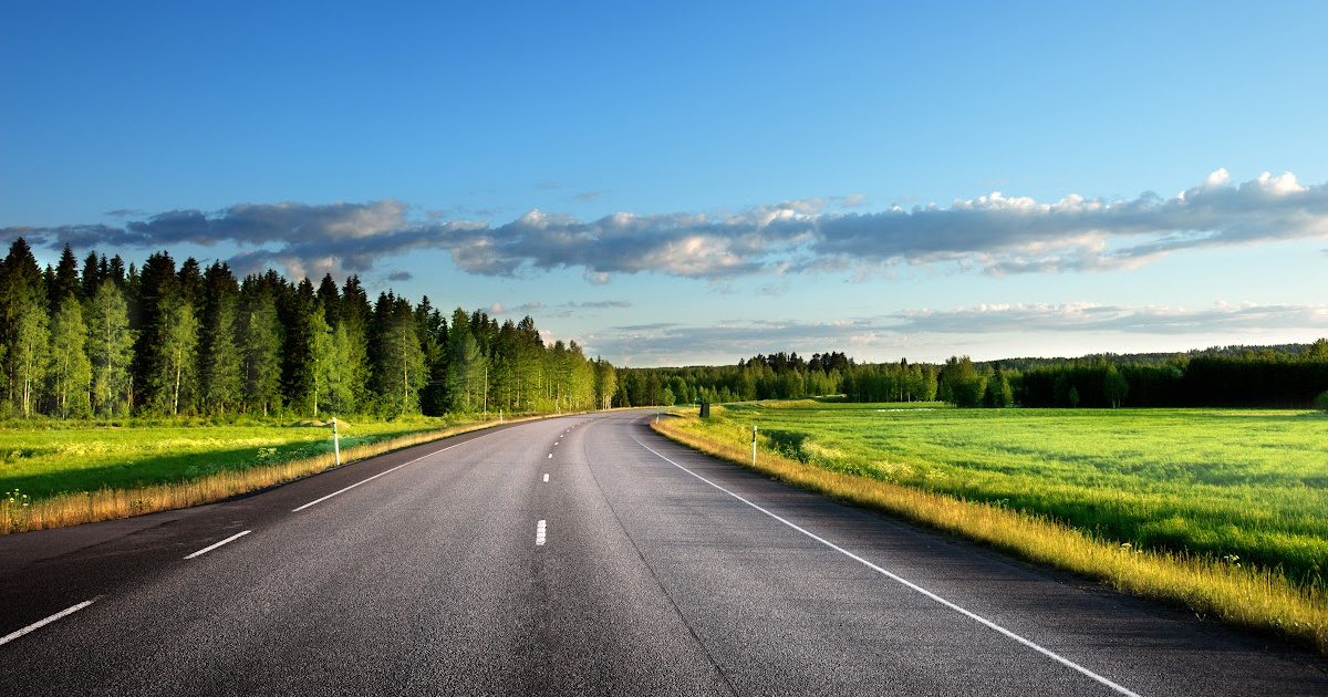 Asphalt road with trees on one side and an open field on the other and blue sky above.